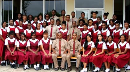 Glenmuir High School students in uniform gathered outside the school