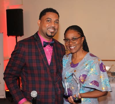 NY Chapter President André Wallas with Mrs. Patricia Meikle, who holds her crystal award